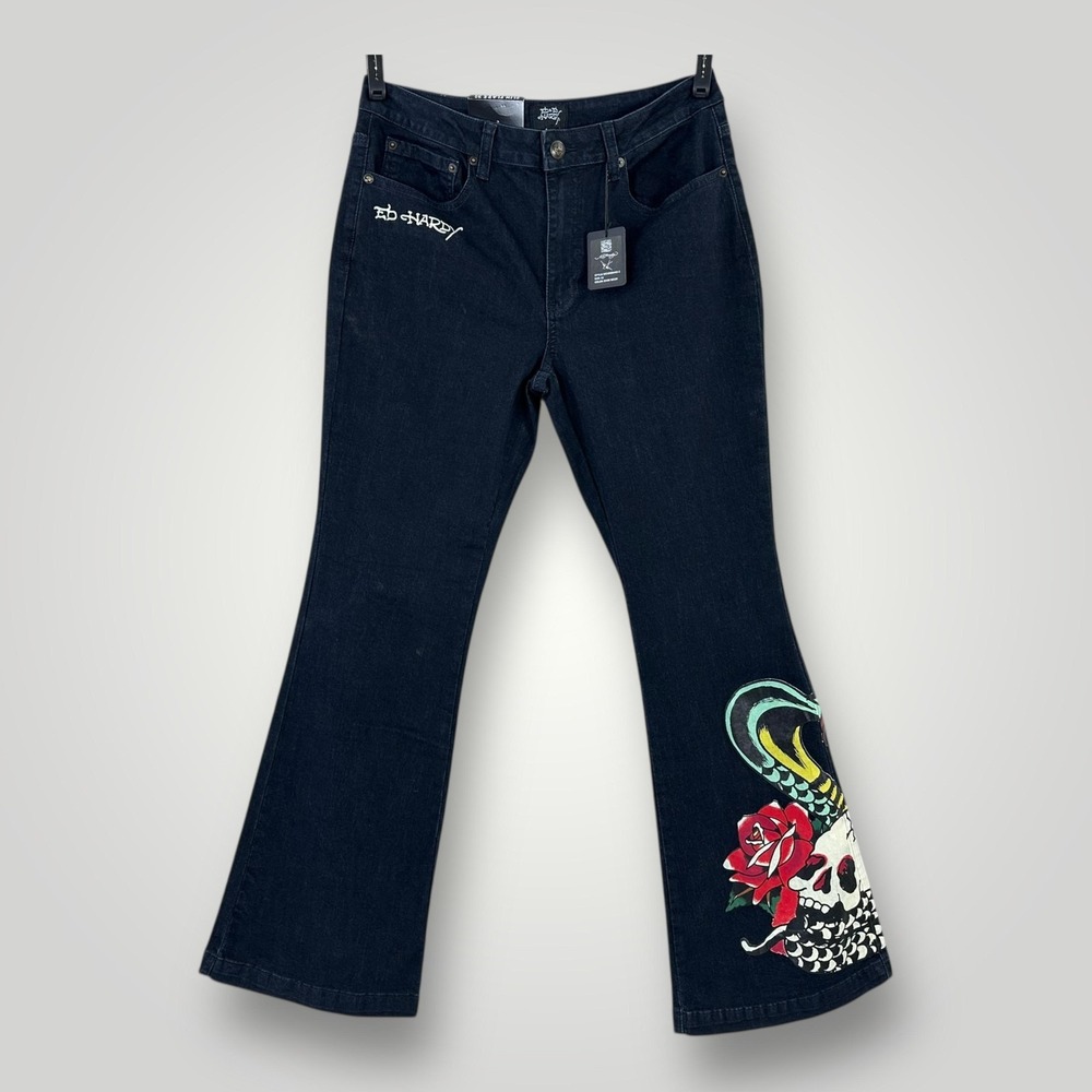 NEW Ed Hardy Jeans Skull Rose Women Size 32 Dark Wash Slim Flare Graphic Stretch - Picture 2 of 11